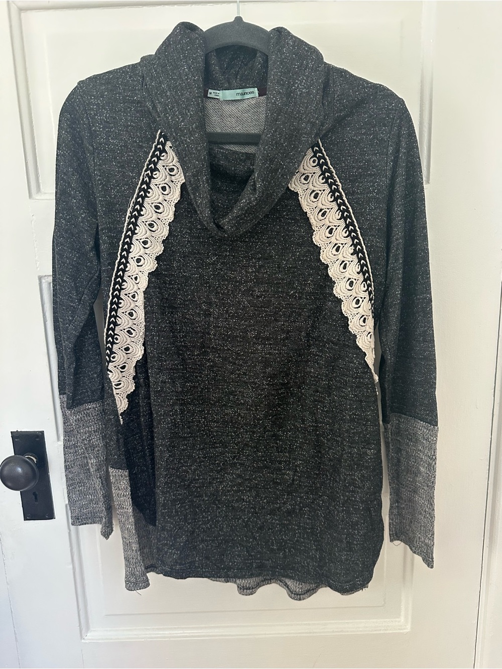 Maurices Charcoal Cowl Neck Sweater with Cream Lace Panels